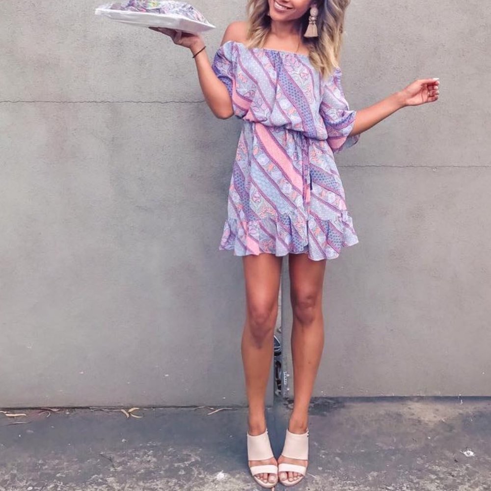 TIGERLILY Lagunas Lilac Mauve Print Off The Shoulder Mini Dress - Picture 10 of 16